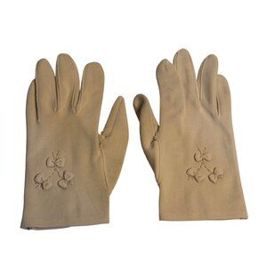 VTG 60s Cappuccino Coffee Nylon Wrist Gloves Embroidered Ribbon Bow Detail Women